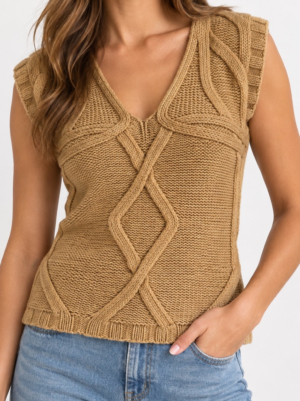 Tory Burch Camel Cable Knit Woven Sweater Vest Top – Size Medium